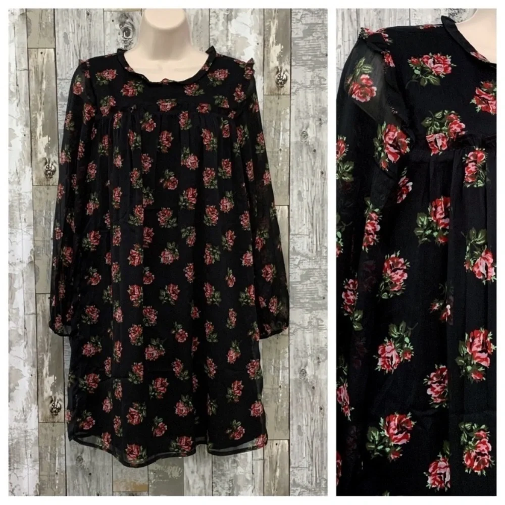 NWT Gap Kids Boho Sheer Long Sleeve Ruffle Black Floral Shift Swing Dress XXL